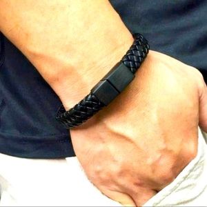 Mens Fashion Handmade Leather Braided Magnetic Clasp Stainless Steel Bracelet